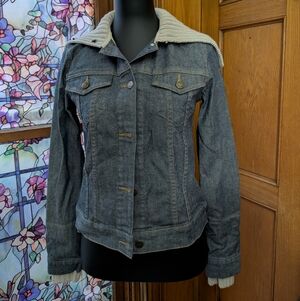 Theory Blue Denim Jacket with Gray Knit Collar